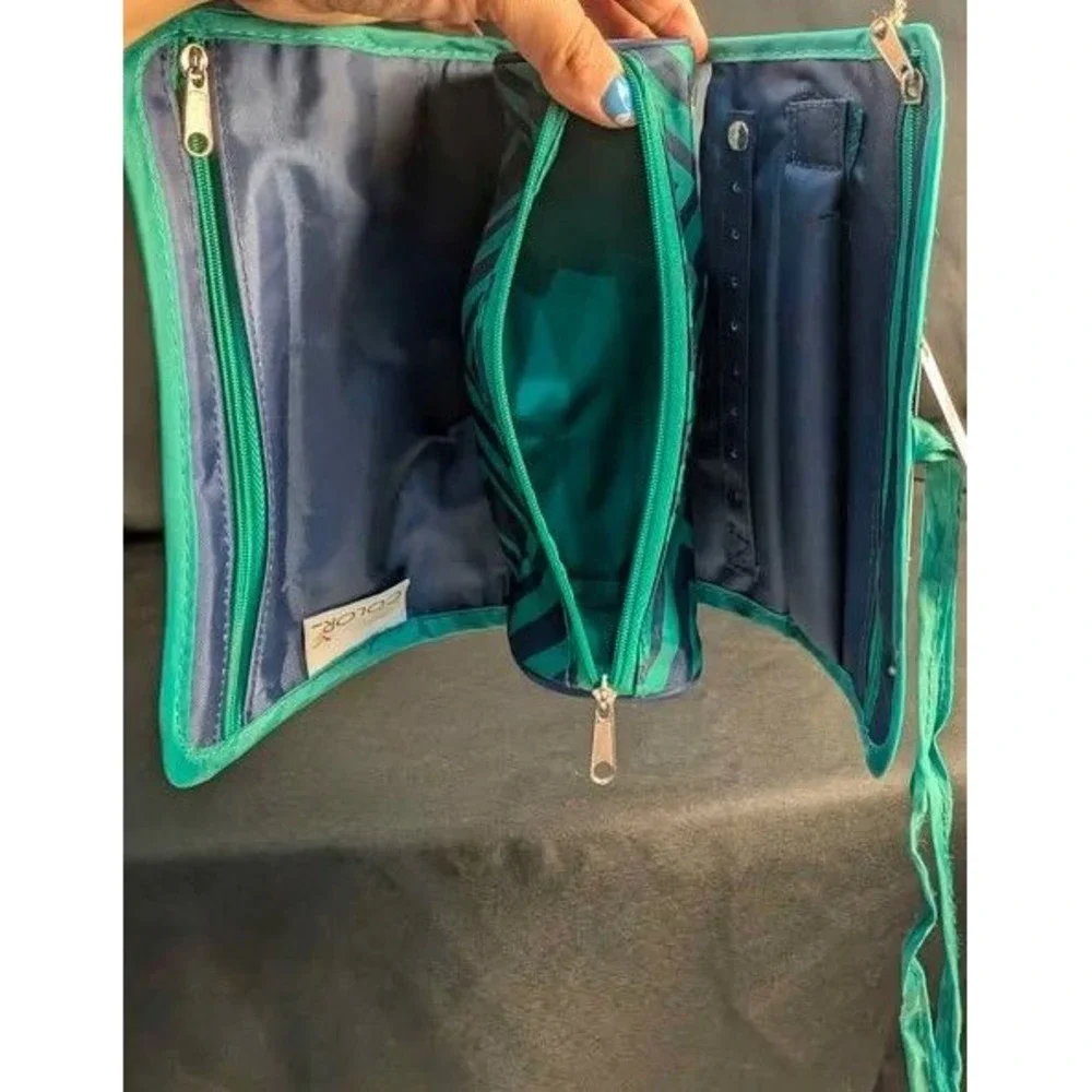 NWT All For Color Travel Jewelry Roll Organizer ~ Geometric Pattern ~ Green/Blue